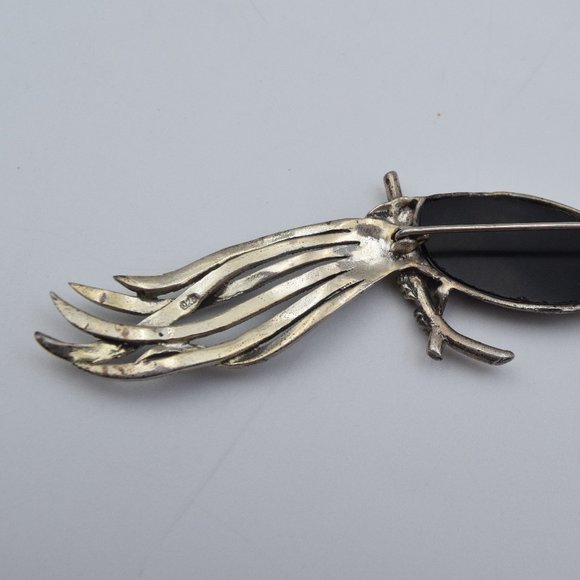 Vintage Sterling Silver, Onyx, Marcasite, & Garnet Crested Long Tail Bird Brooch - Picture 10 of 13